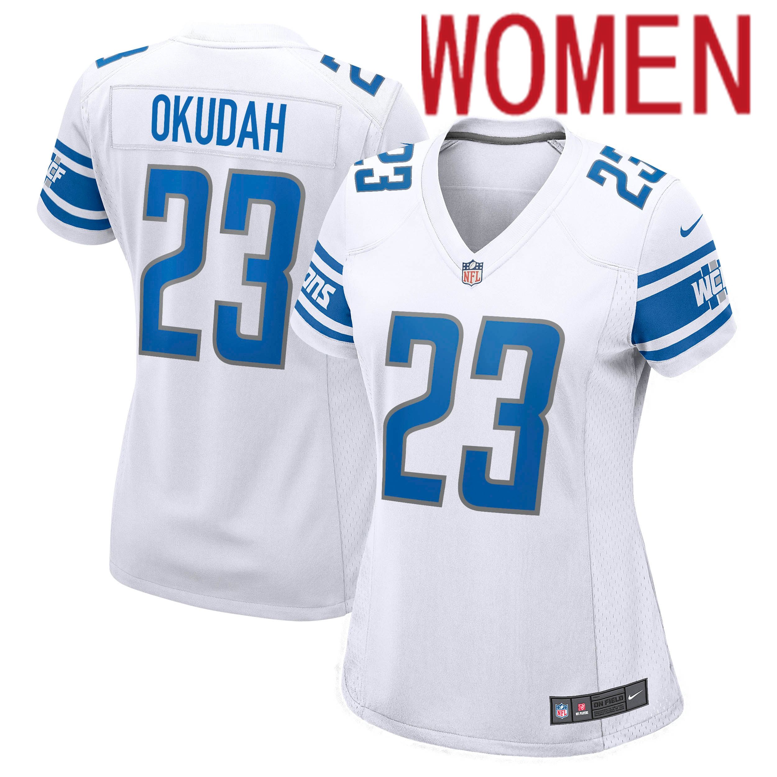 Women Detroit Lions #23 Jeff Okudah Nike White Player Game NFL Jersey->women nfl jersey->Women Jersey